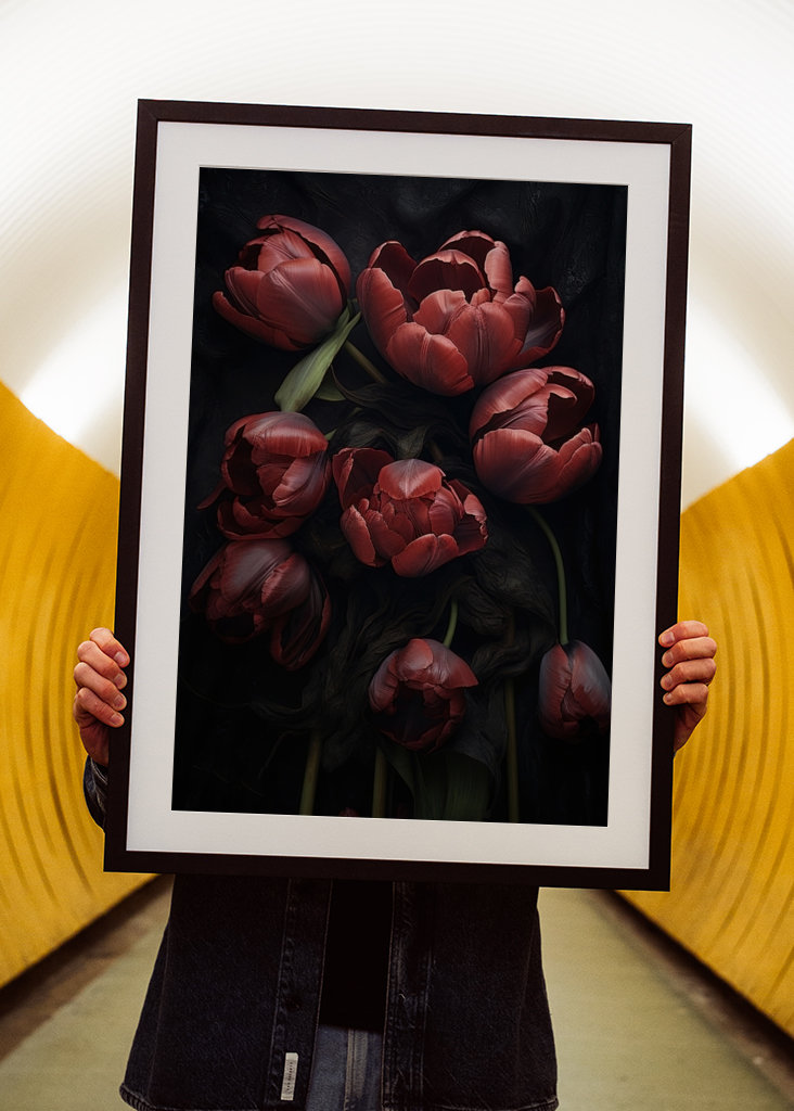 Tulipanes rojos sobre fondo negro