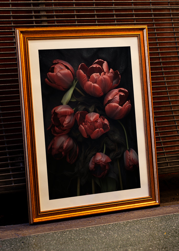 Tulipanes rojos sobre fondo negro