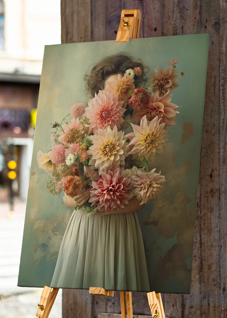 "Dahlias in Vintage Green"