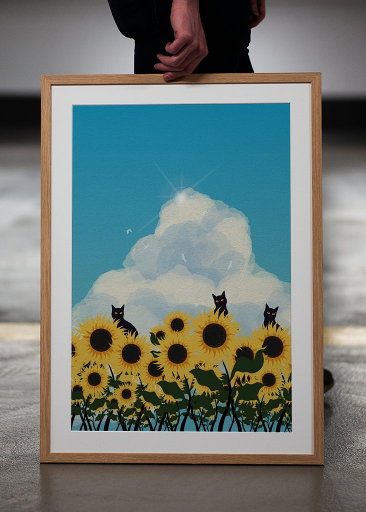 Campo di gatti e girasoli