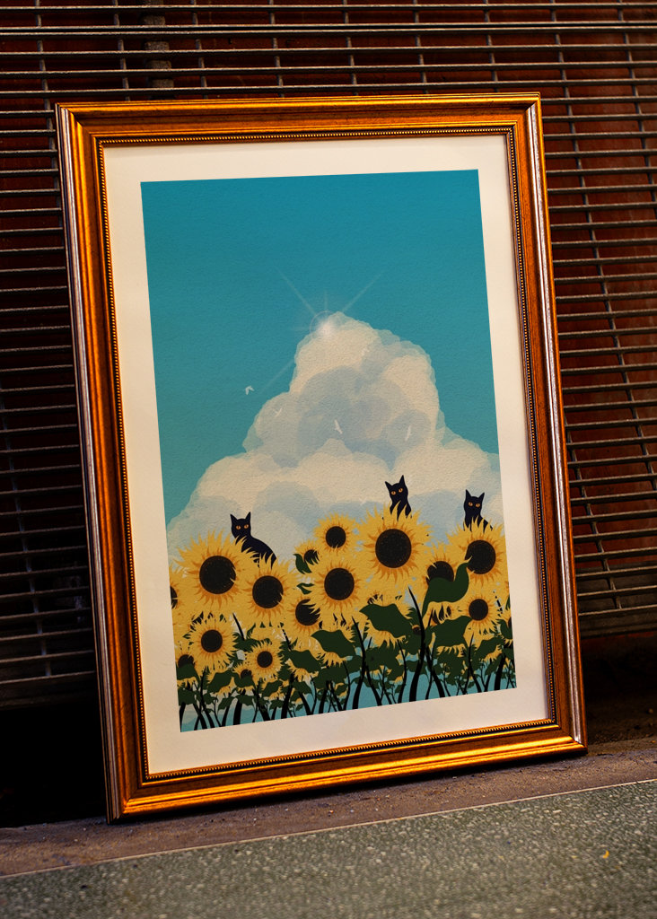 Campo di gatti e girasoli