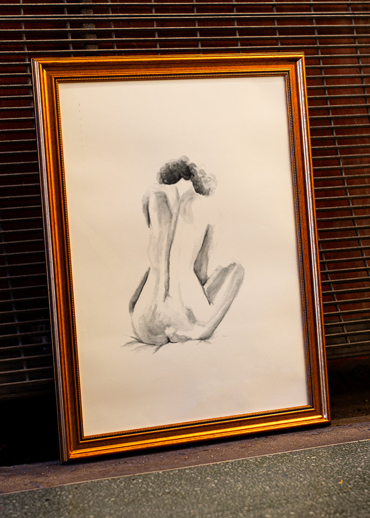 Sitting naked woman watercolor