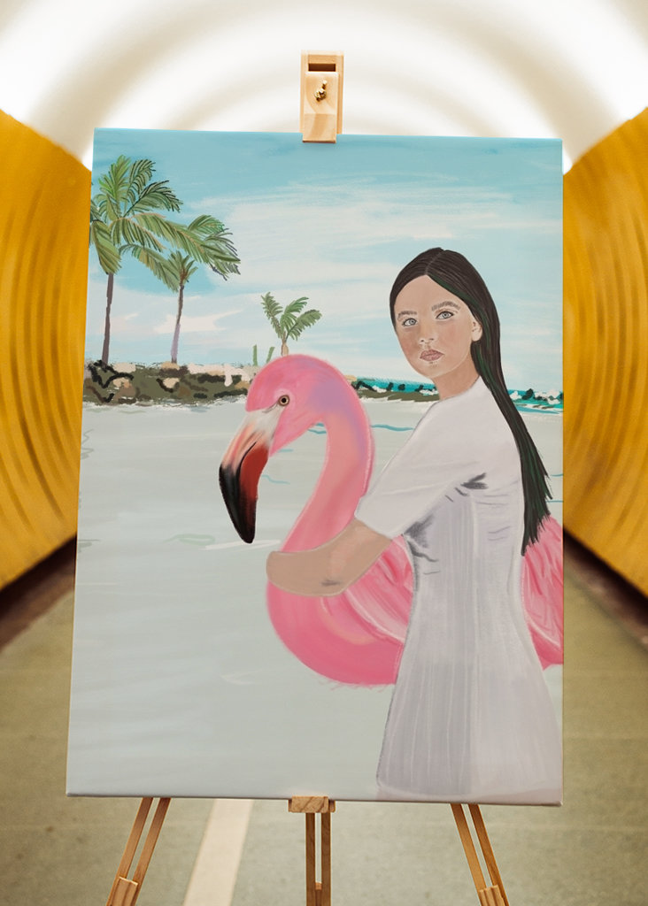 Flamingo und Mädchen am Strand von Aruba