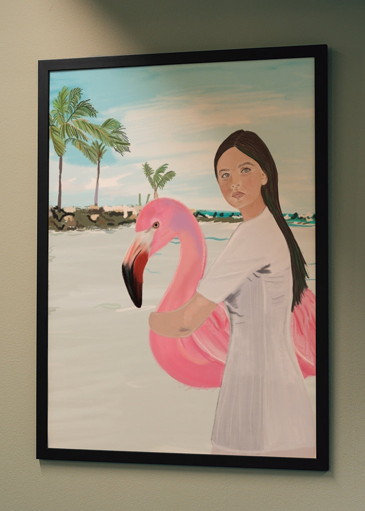 Flamingo und Mädchen am Strand von Aruba