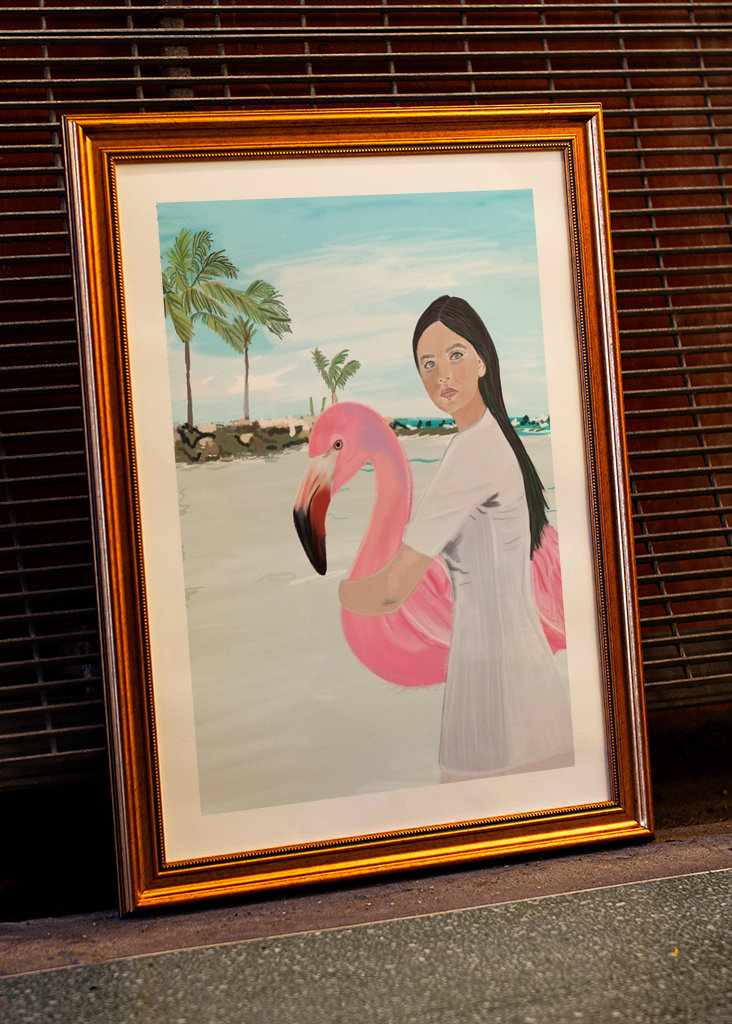 Flamingo und Mädchen am Strand von Aruba