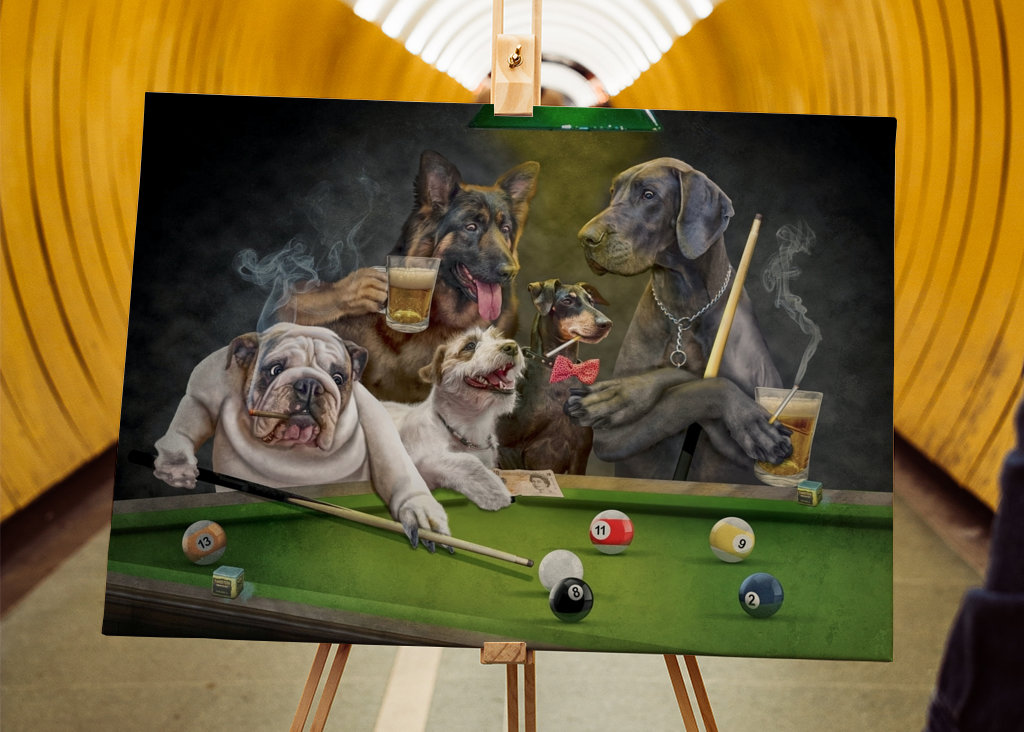 Cane che gioca a biliardo