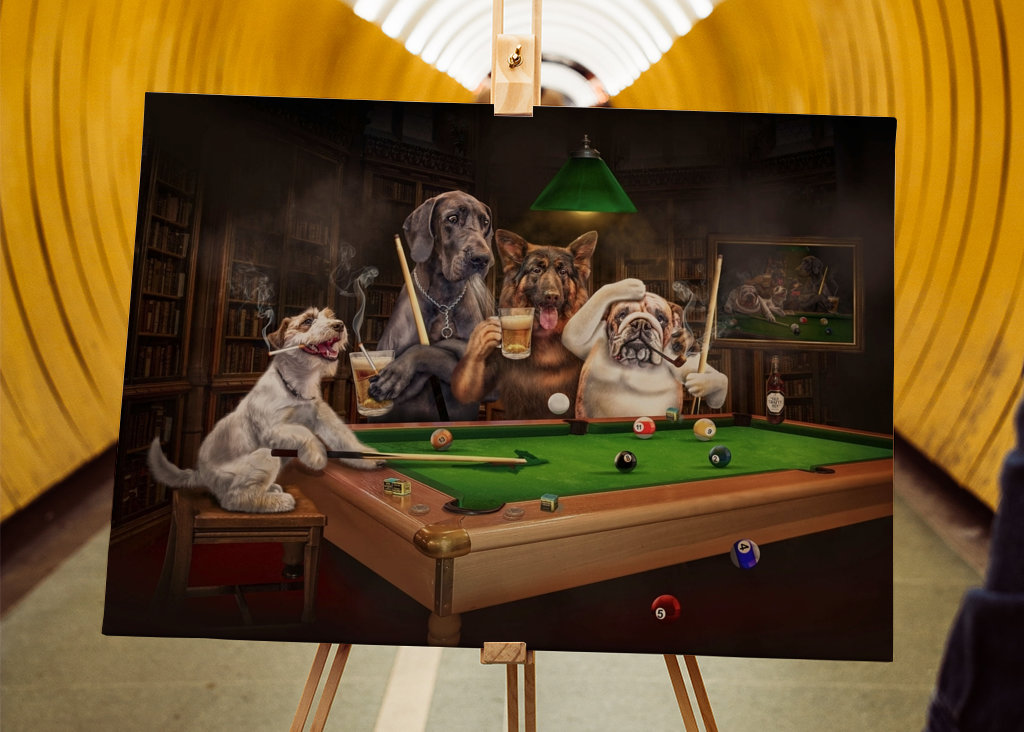 Cane divertente che gioca a biliardo