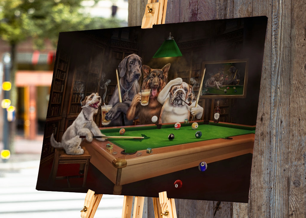 Cane divertente che gioca a biliardo
