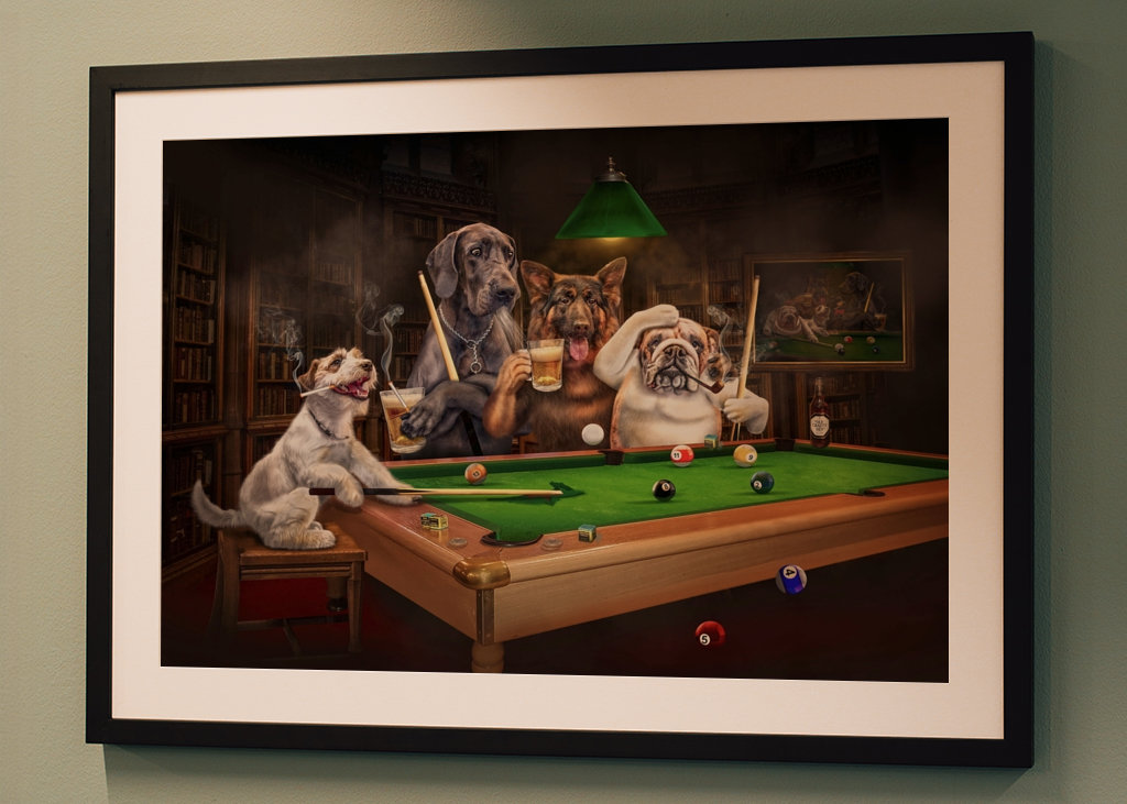 Cane divertente che gioca a biliardo