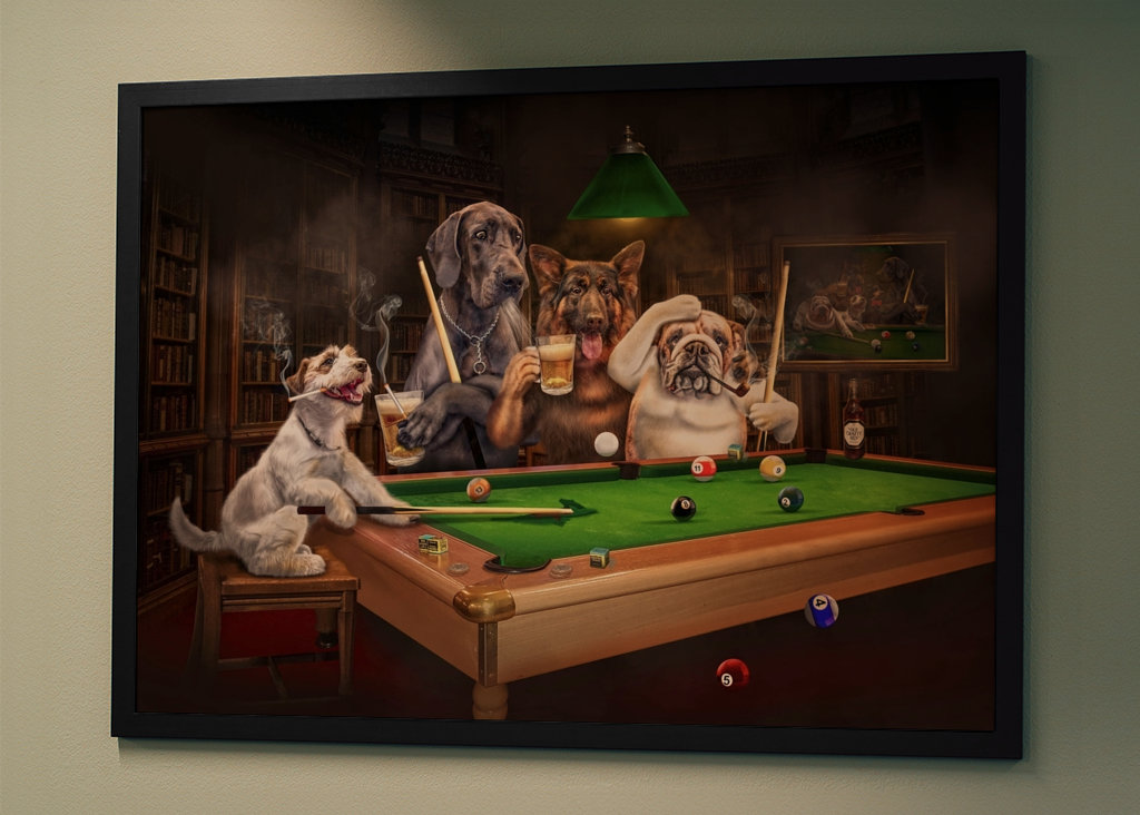 Cane divertente che gioca a biliardo