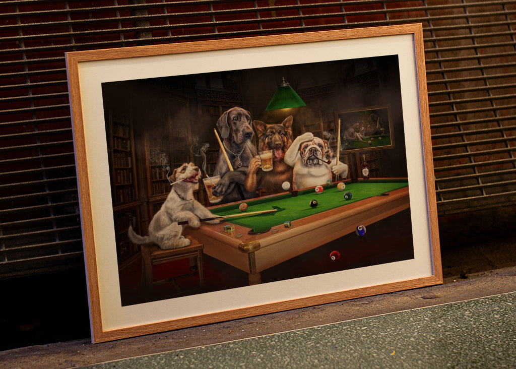 Cane divertente che gioca a biliardo