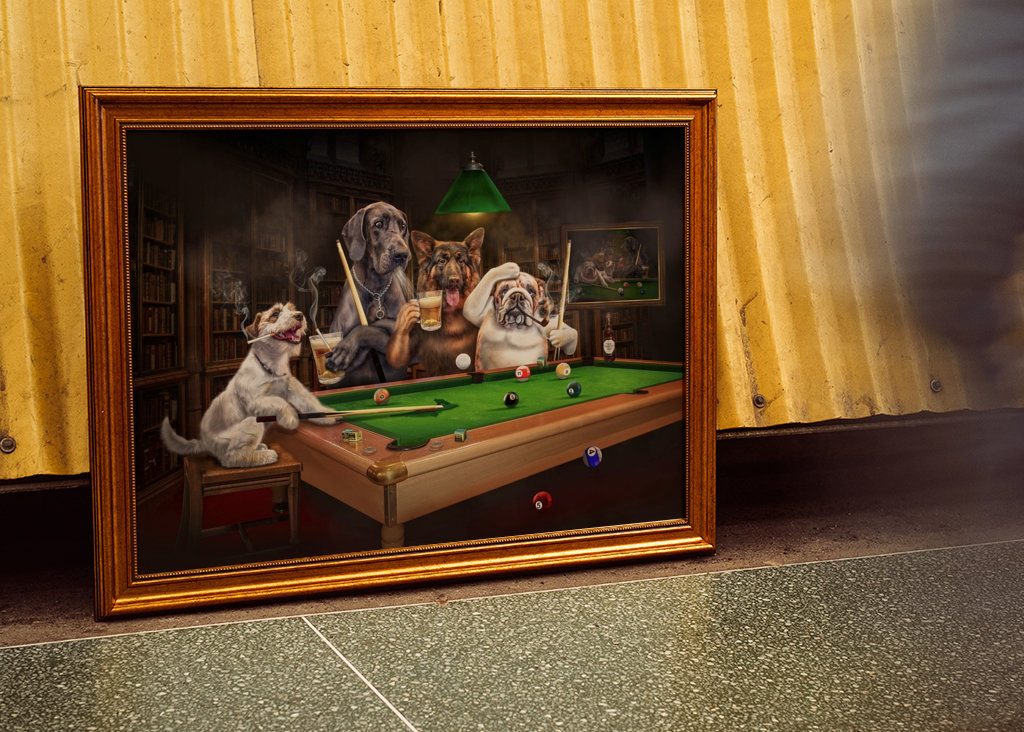 Cane divertente che gioca a biliardo
