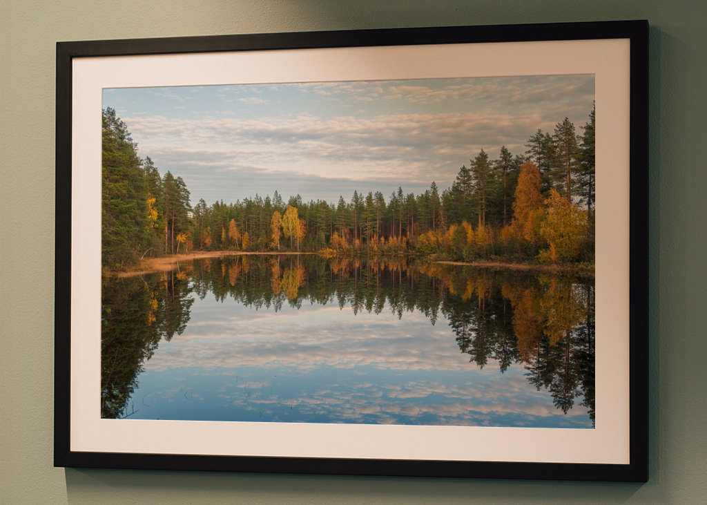 Herbstwald spiegelt sich im Wasser.