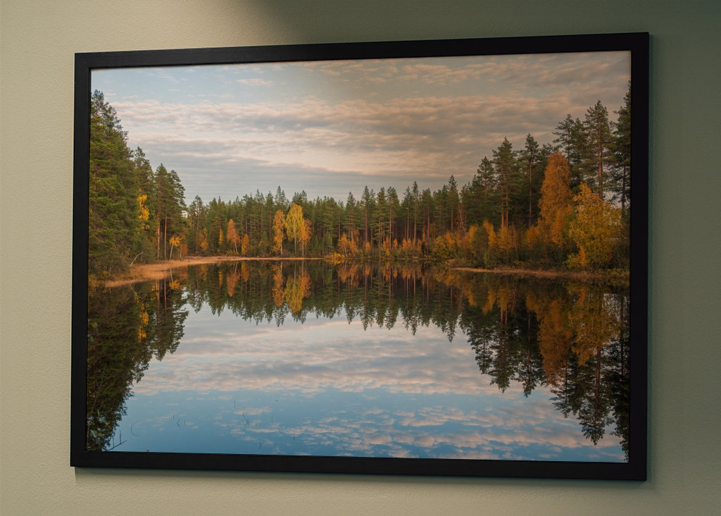 Herbstwald spiegelt sich im Wasser.