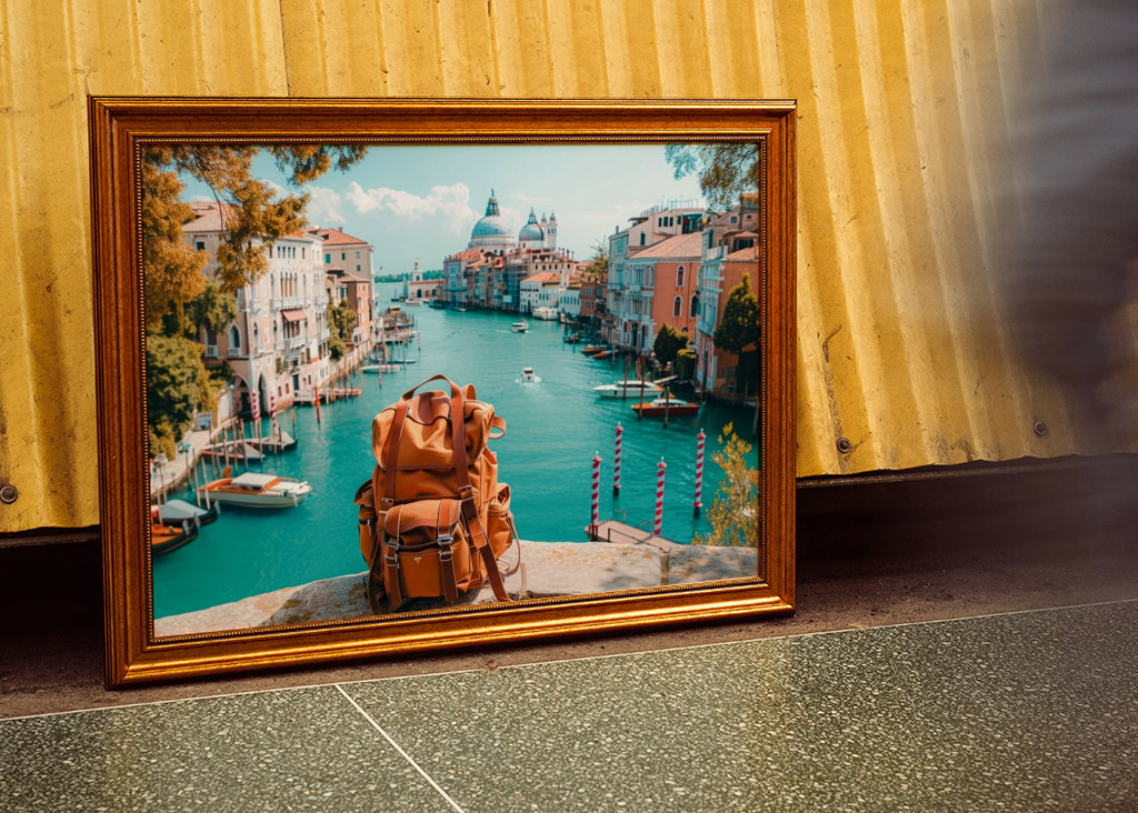 Ruskea reppu sillalla