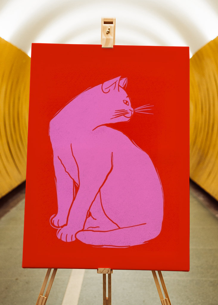 Pink Cat On Red