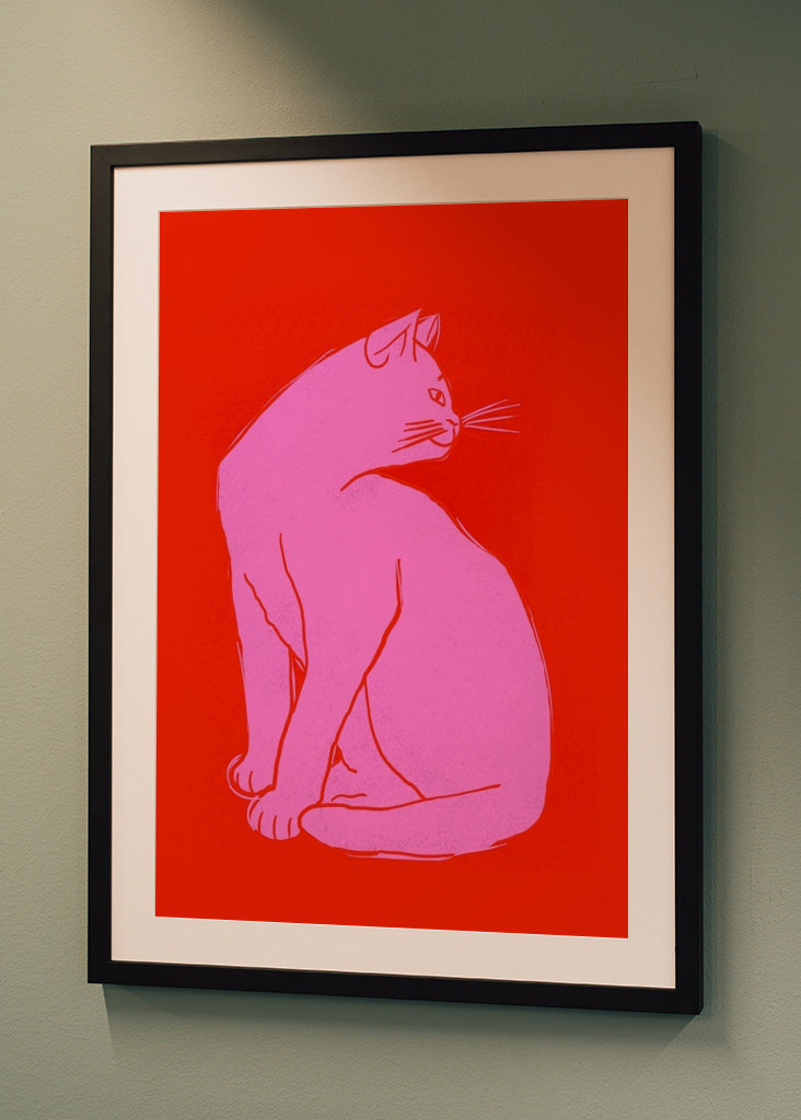 Pink Cat On Red