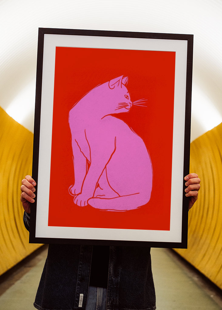 Pink Cat On Red