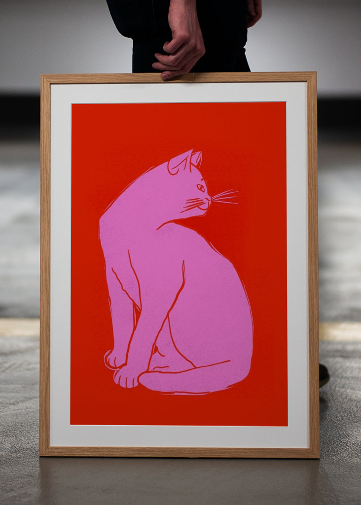 Pink Cat On Red