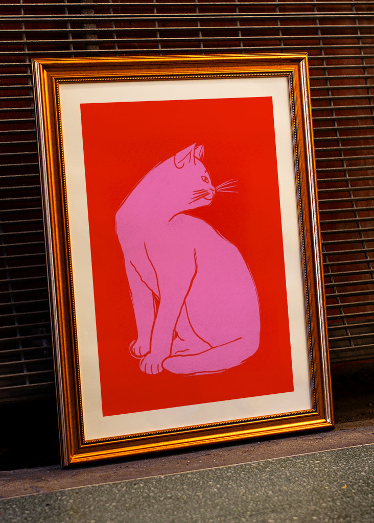 Pink Cat On Red