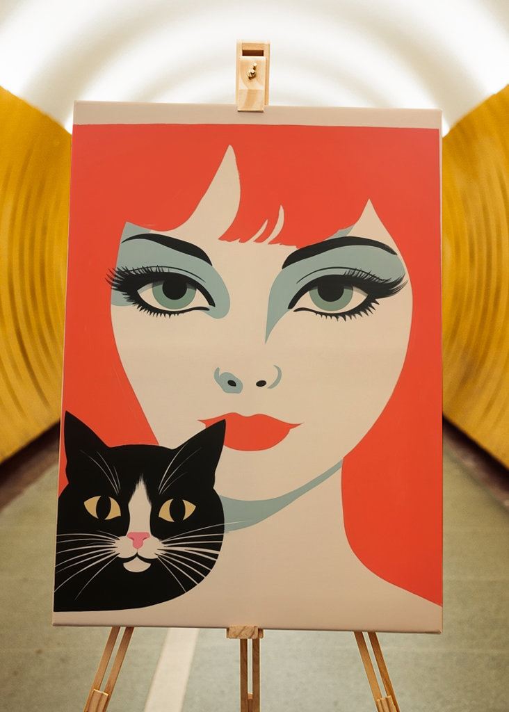 Redhead Retro Woman with Cat