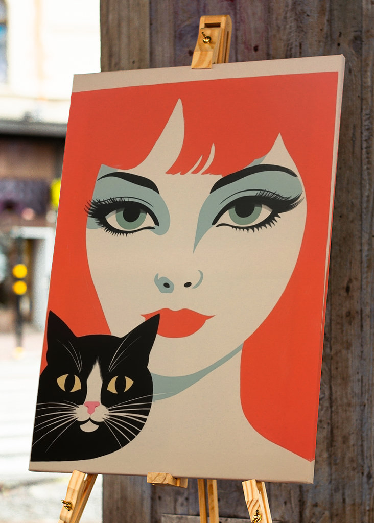 Redhead Retro Woman with Cat