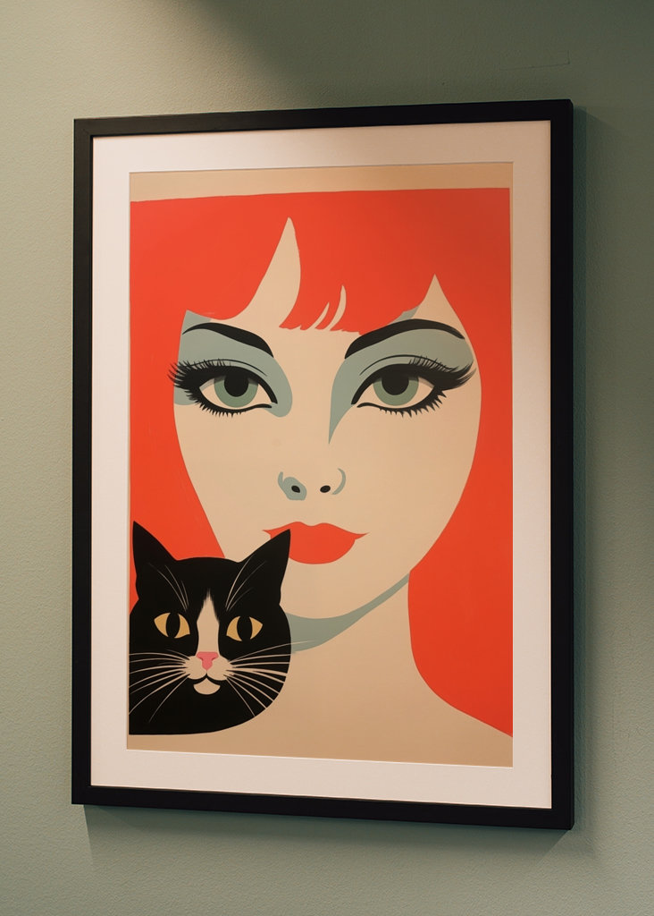 Redhead Retro Woman with Cat