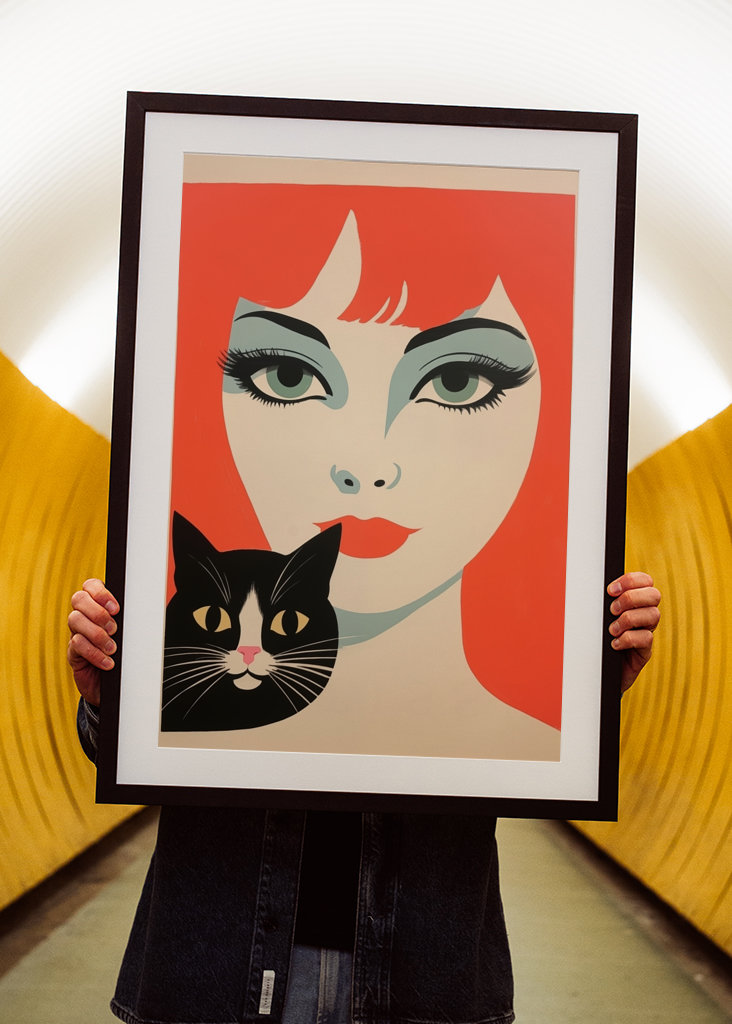 Redhead Retro Woman with Cat