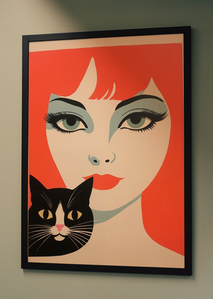 Redhead Retro Woman with Cat