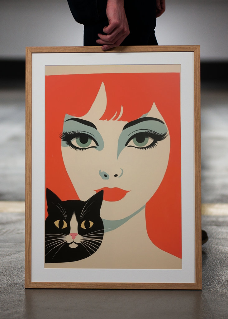Redhead Retro Woman with Cat