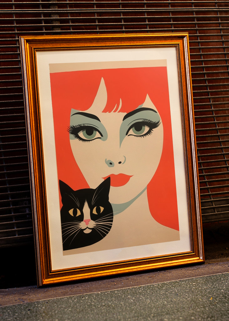 Redhead Retro Woman with Cat