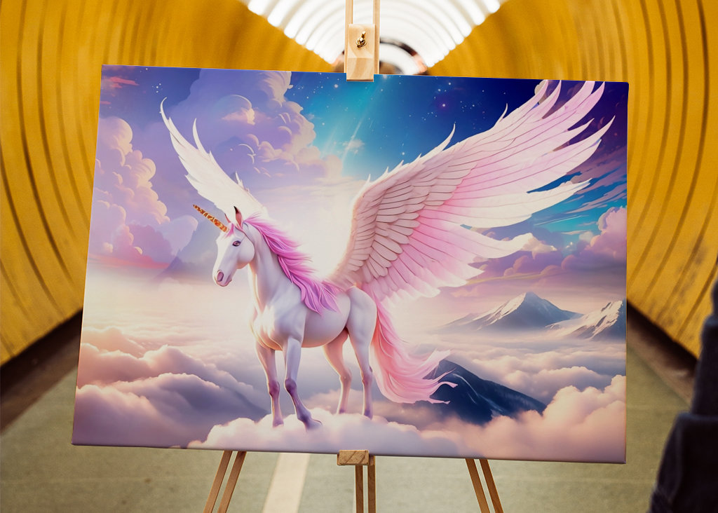 Unicorno alato sulle nuvole