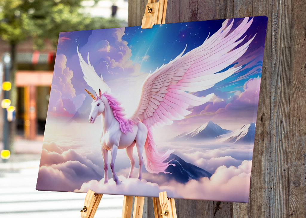 Unicorno alato sulle nuvole