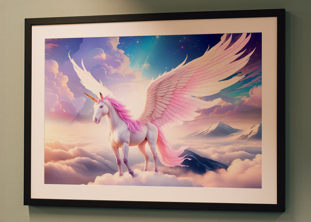 Unicorno alato sulle nuvole