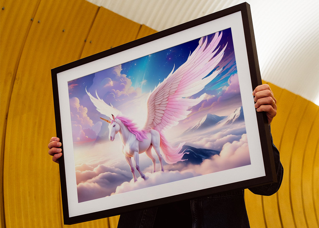 Unicorno alato sulle nuvole