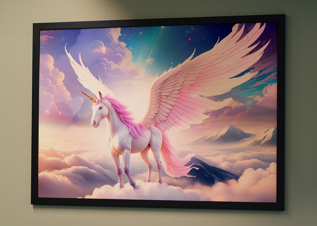 Unicorno alato sulle nuvole