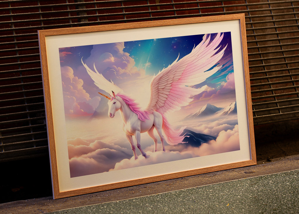 Unicorno alato sulle nuvole