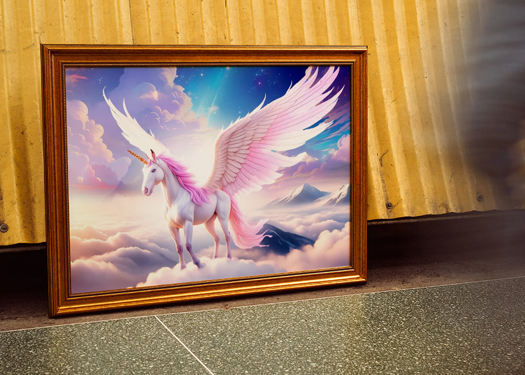 Unicorno alato sulle nuvole