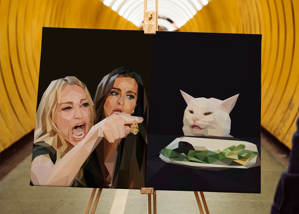 kobieta krzycząca na mema z kotem