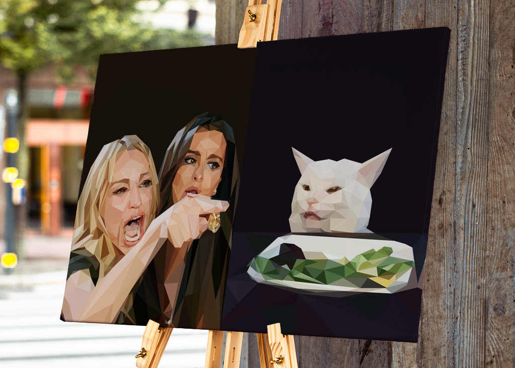 kobieta krzycząca na mema z kotem