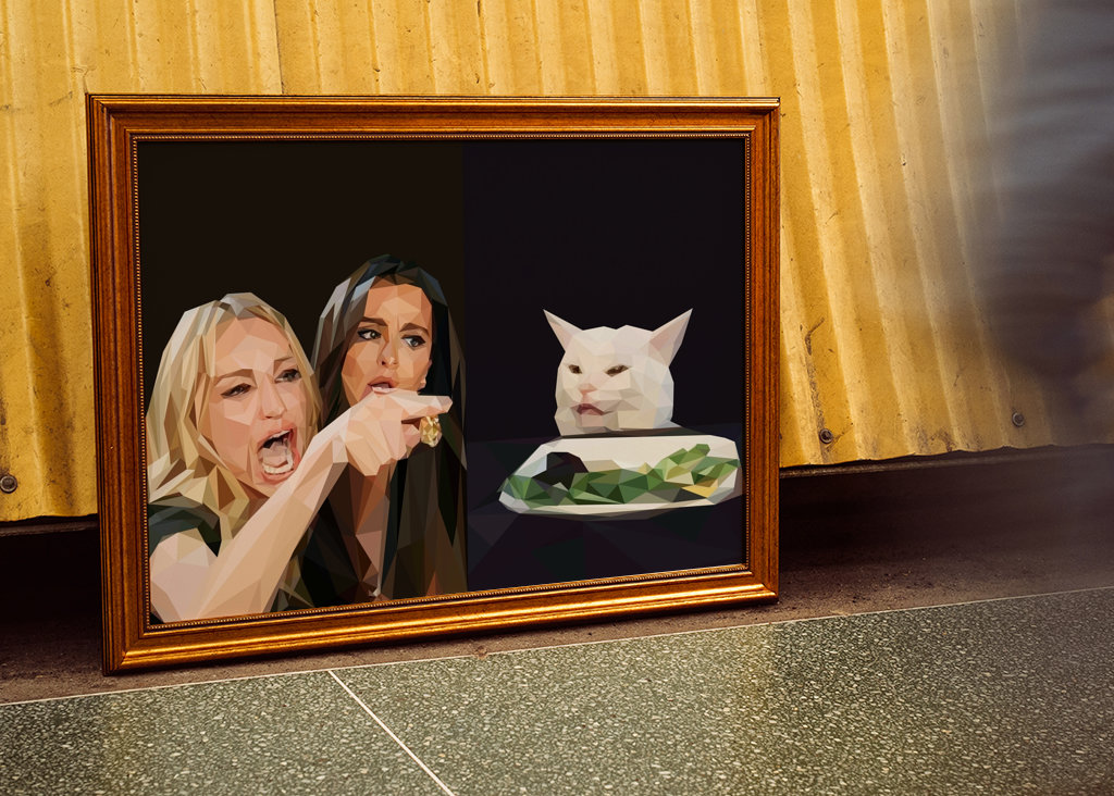 kobieta krzycząca na mema z kotem