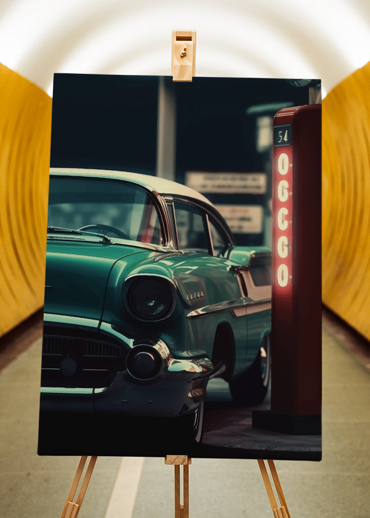 Staré auto s čerpací stanicí