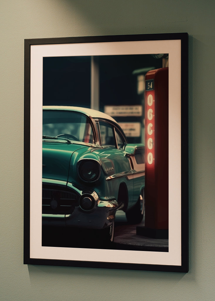 Staré auto s čerpací stanicí