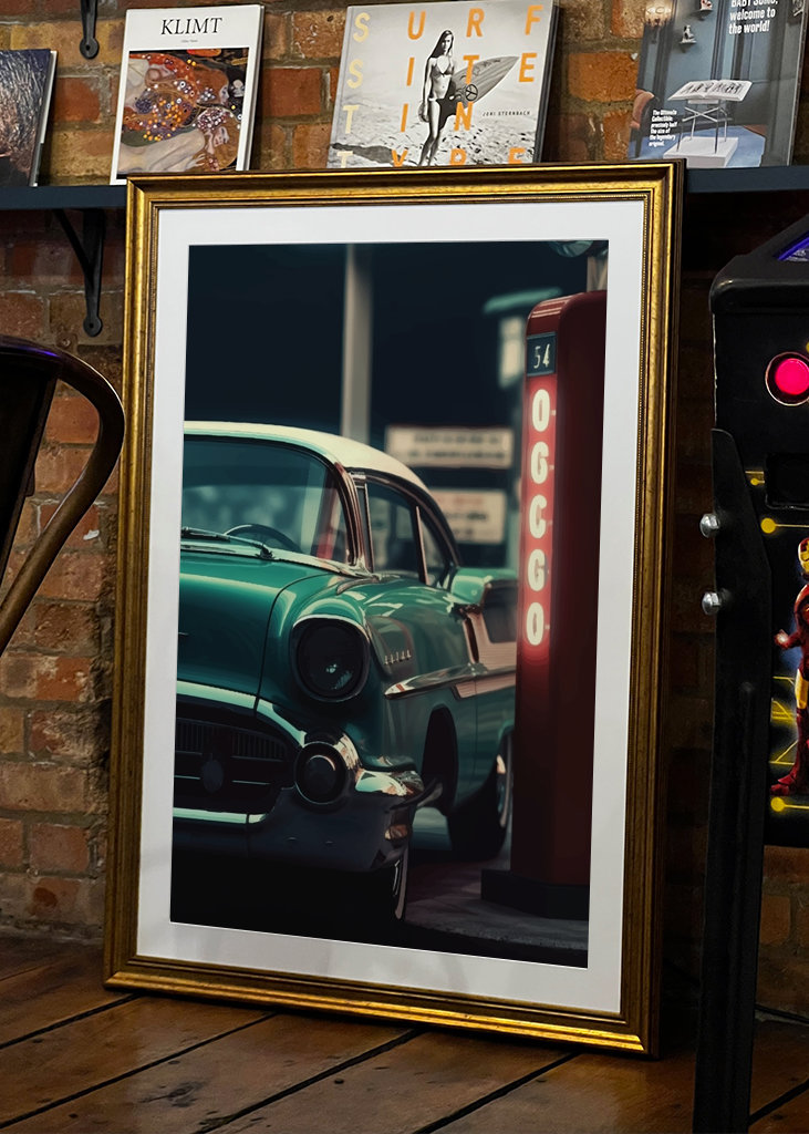 Staré auto s čerpací stanicí