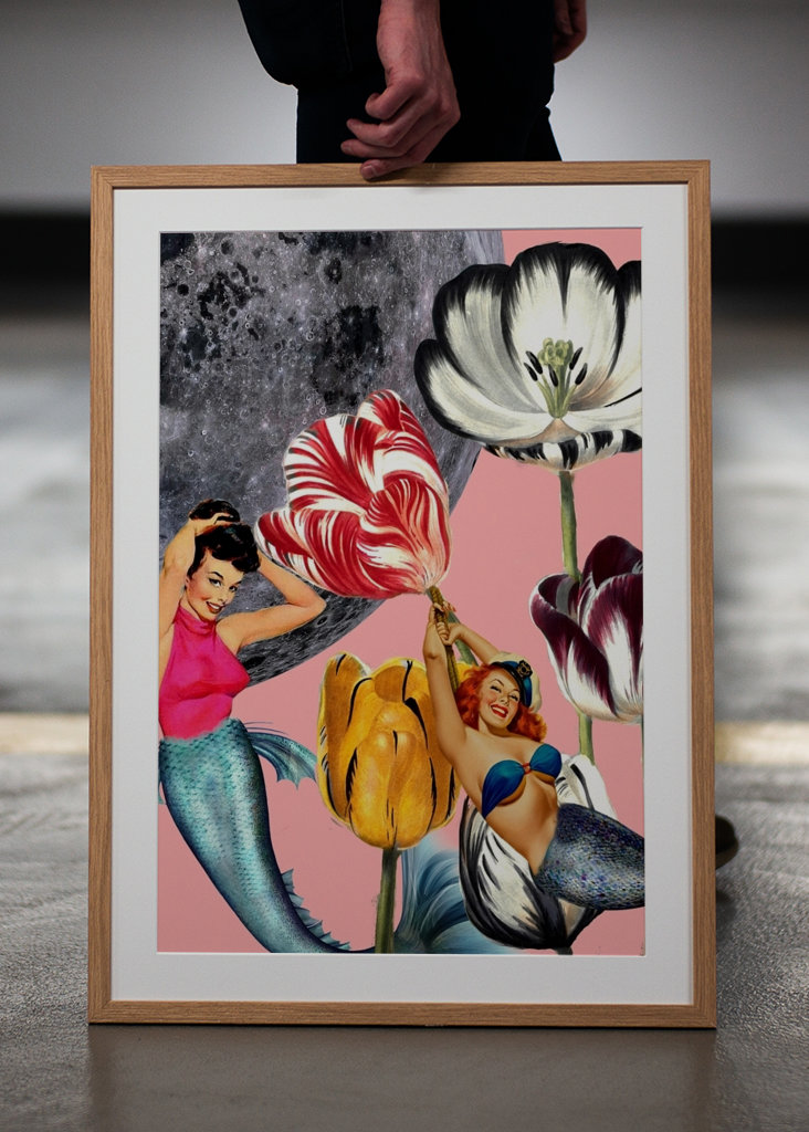 Collage de sirena en la luna 