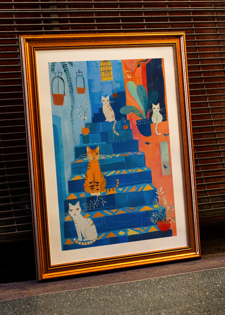 Kočky na modrých schodech 