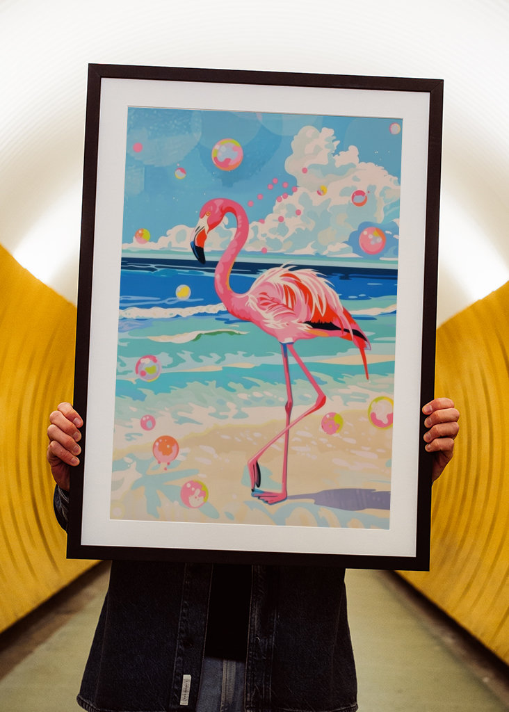 Fenicottero rosa e bolle di sapone