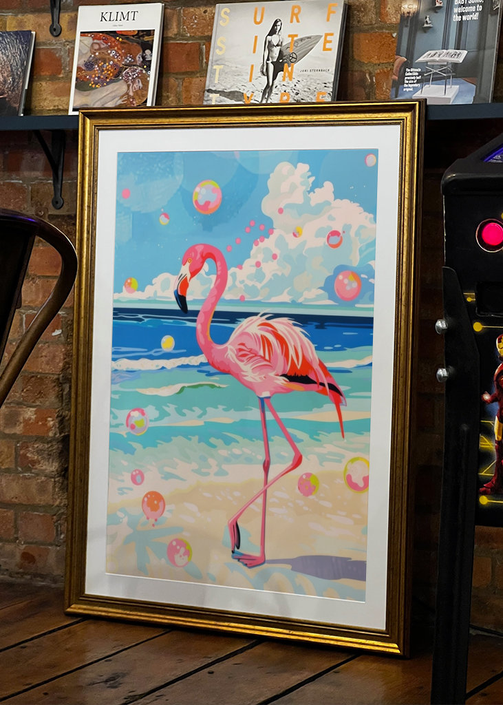 Fenicottero rosa e bolle di sapone