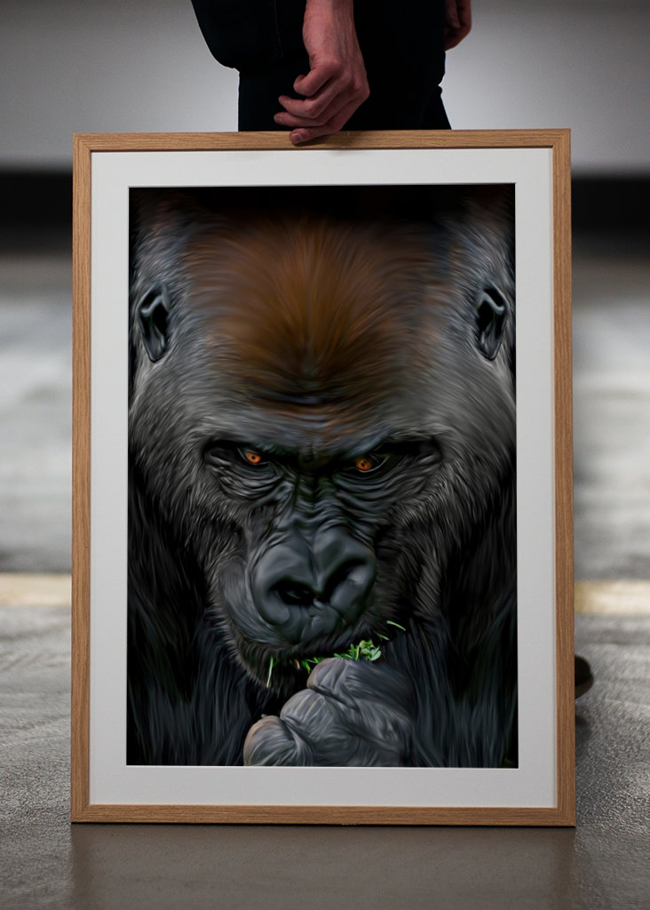 Pintura de un gorila comiendo