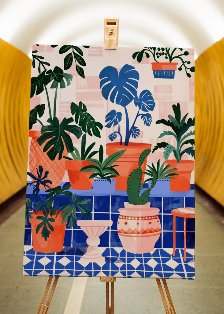 Innendørs planter med blå fliser